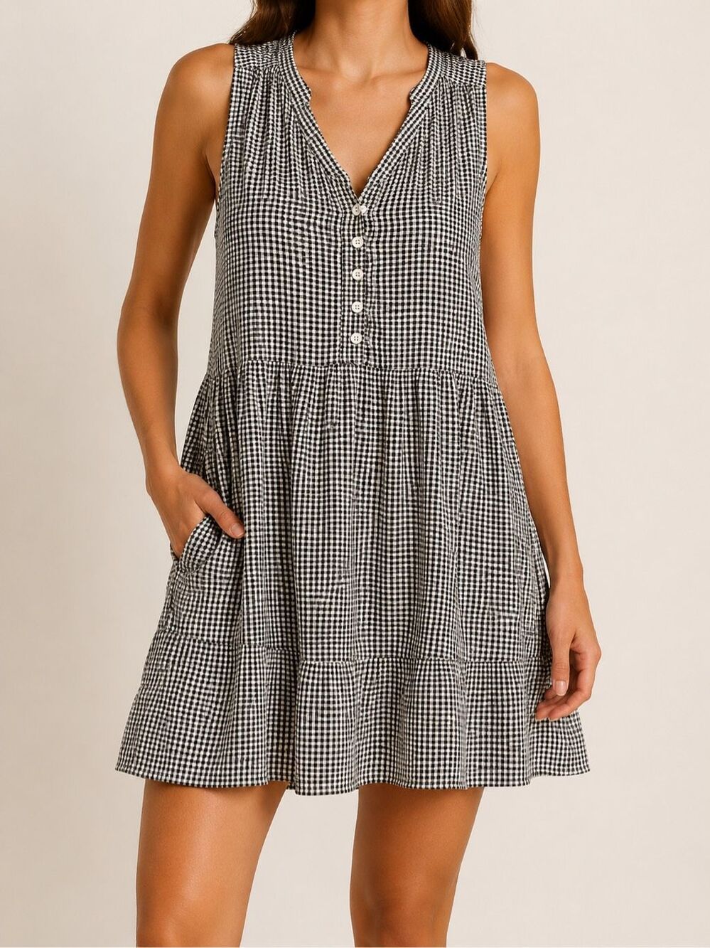 Quince Gingham Check Sleeveless Babydoll Dress Size S Black White Cottagecore